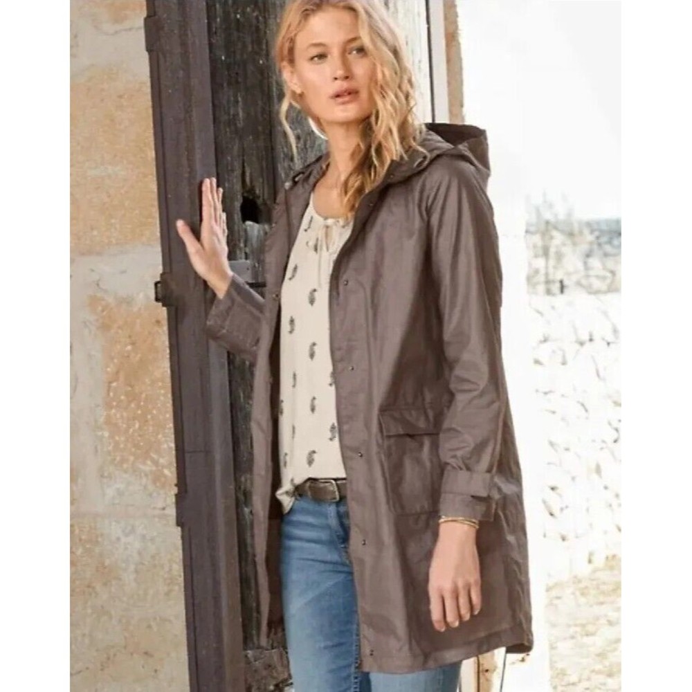 Garnet Hill Jacket Size 8 Coated Linen Hooded Water Resistant Rain Trench Coat